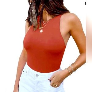 Women’s Sexy Sleeveless Racer Back Halter Neck Bodysuit Tank Tops-Rusty Red